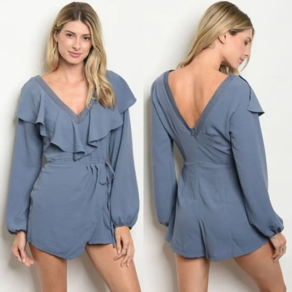 Blue Long Sleeve Ruffle Romper - Picture 1 of 1